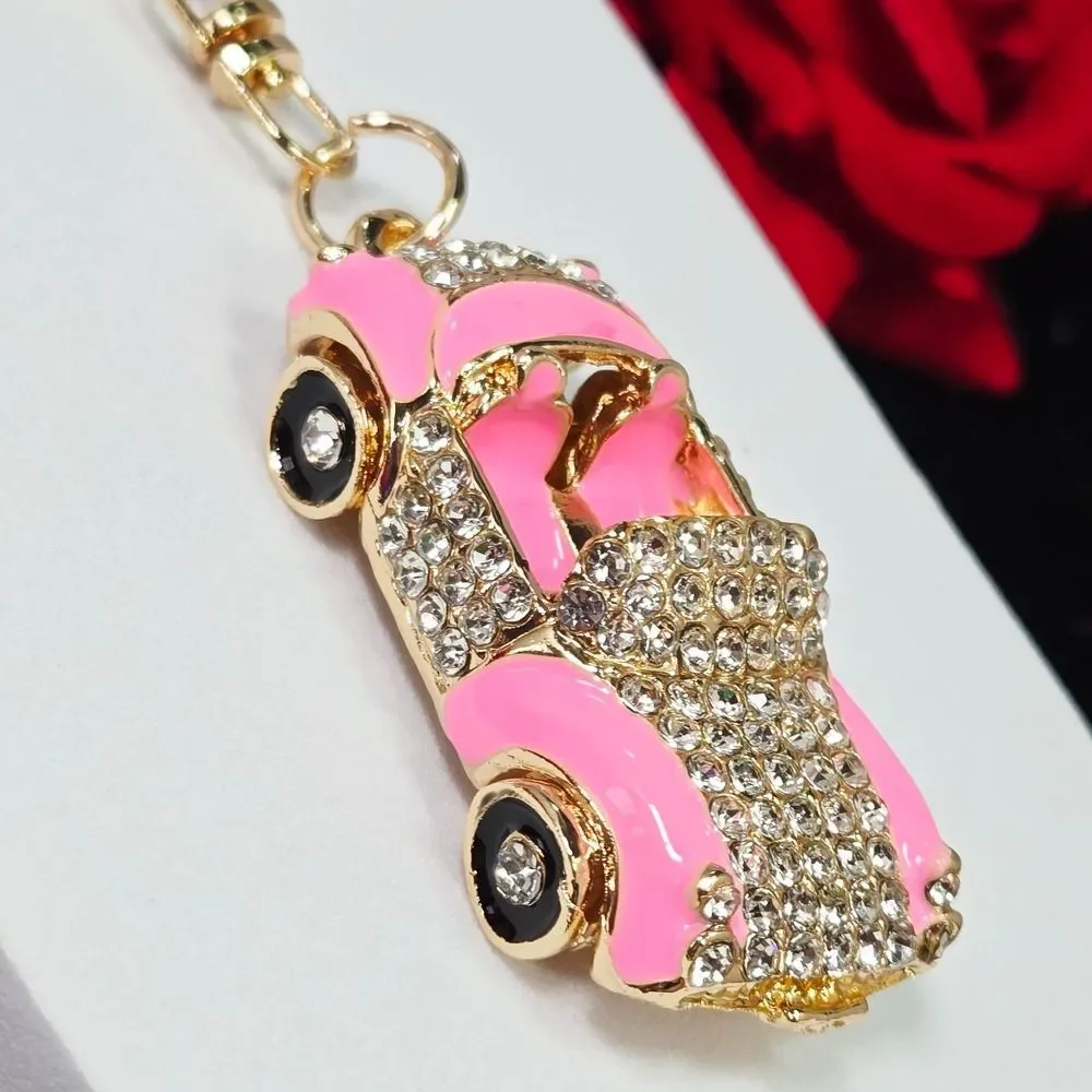 Pink Rhinestone Convertible Car Keychain Gold Bling Purse Bag Charm Car Girl